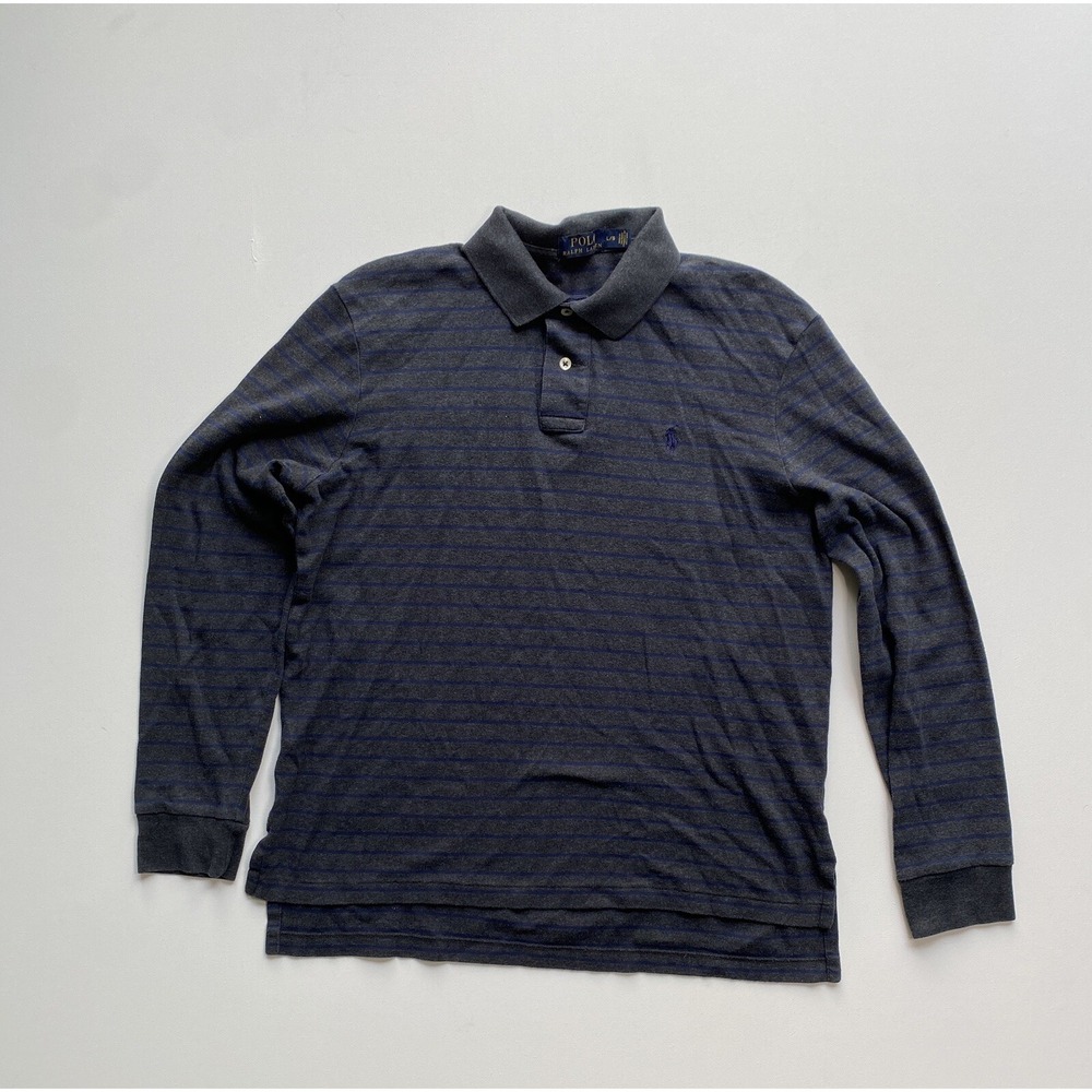 Polo Ralph Lauren Shirt Men's Large Gray Blue Striped Pony Logo Modern Academia